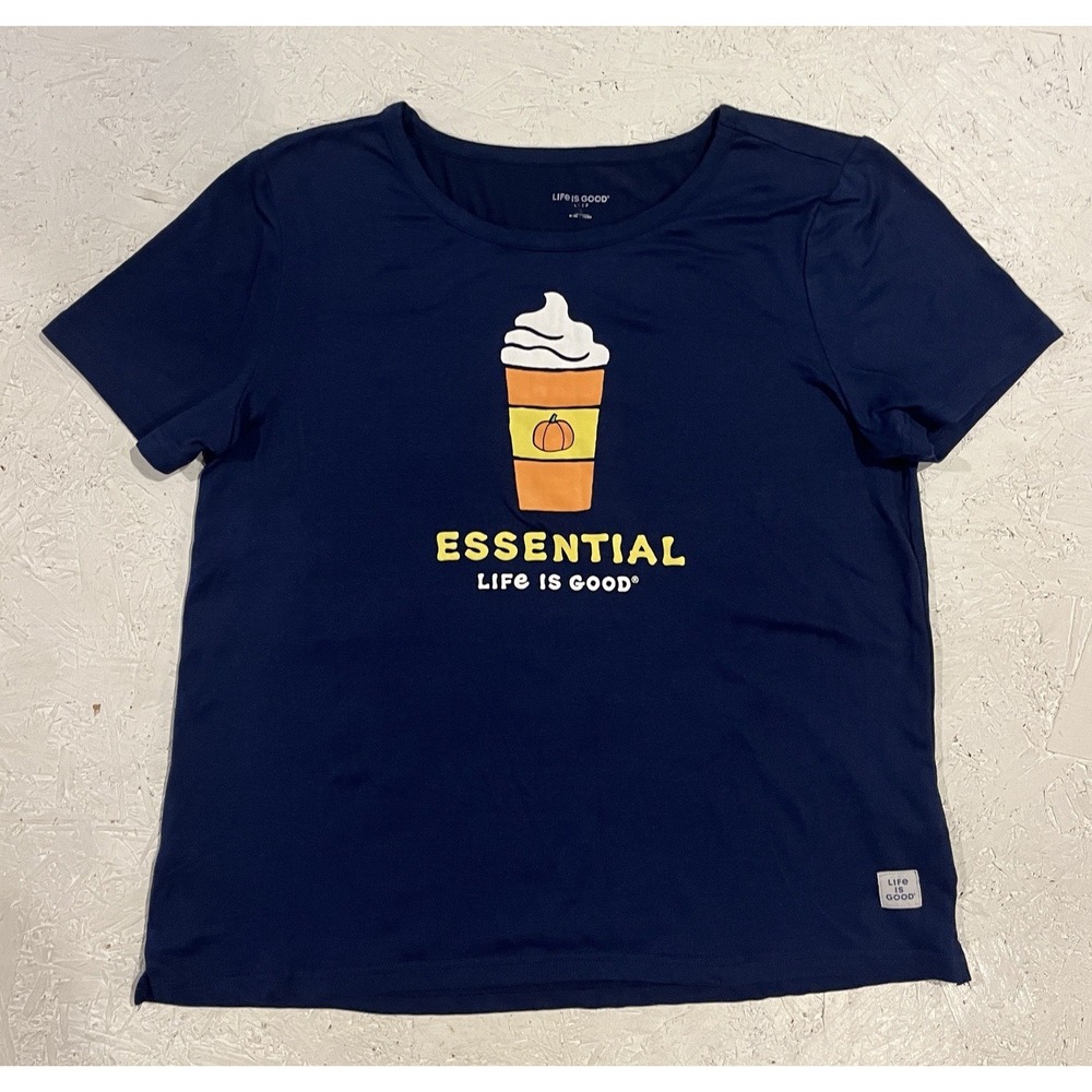 Life is Good T-Shirt Women's Size S Blue Sleepwear Pumpkin Spice Coffee Logo